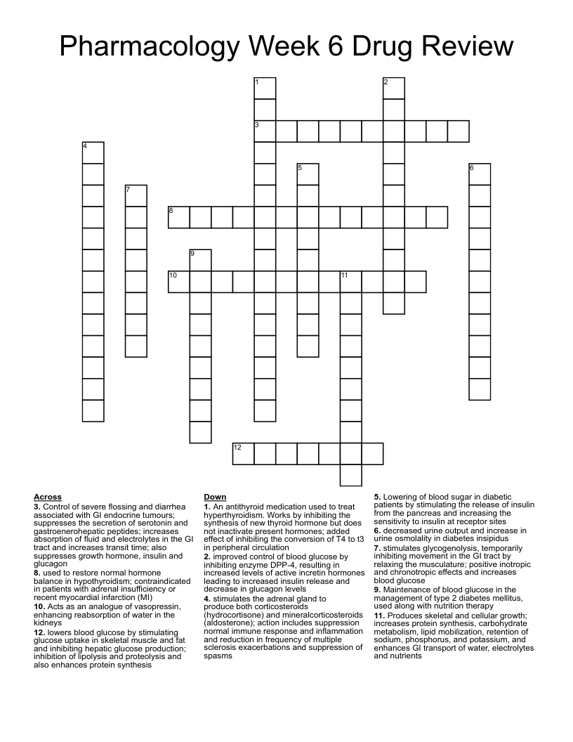 Pharmacology Week 6 Drug Review Crossword