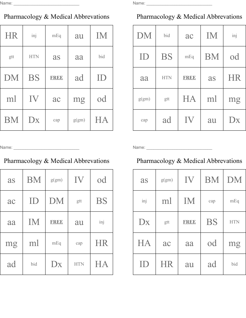 Pharmacology & Medical Abbrevations  Bingo Cards