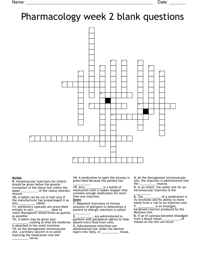 Pharmacology week 2 blank questions Crossword