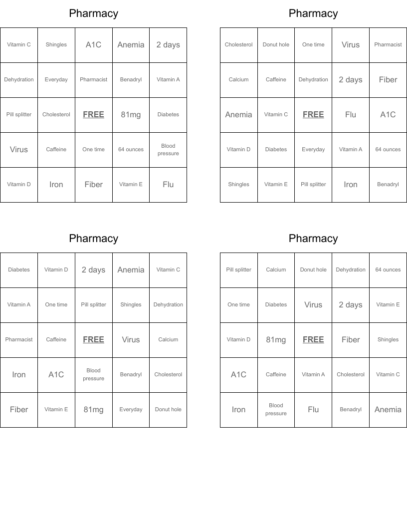 Pharmacy Bingo Cards