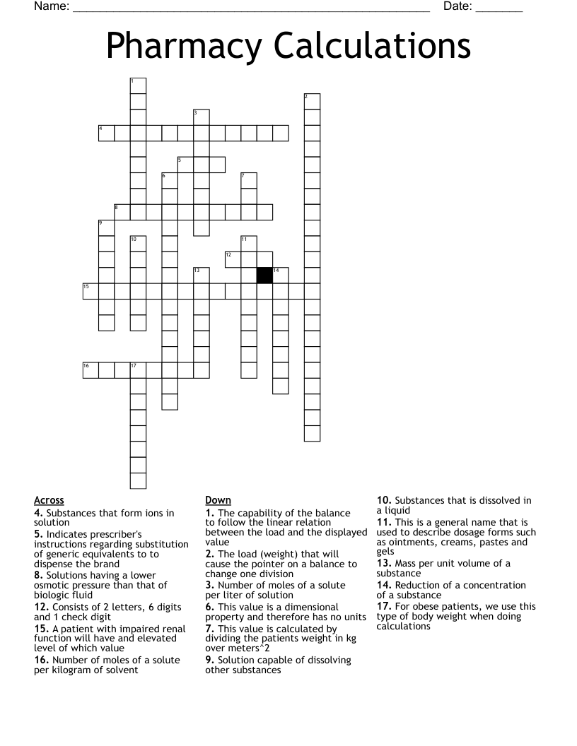 Pharmacy Calculations  Crossword