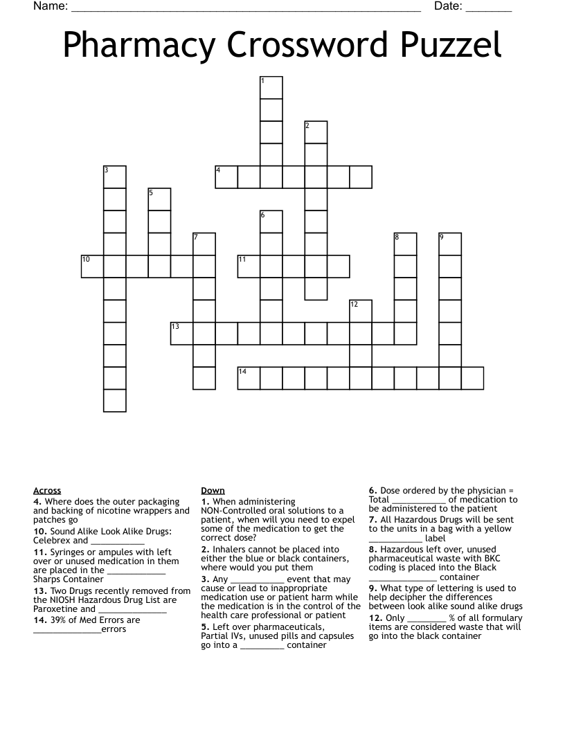 Pharmacy Crossword Puzzel