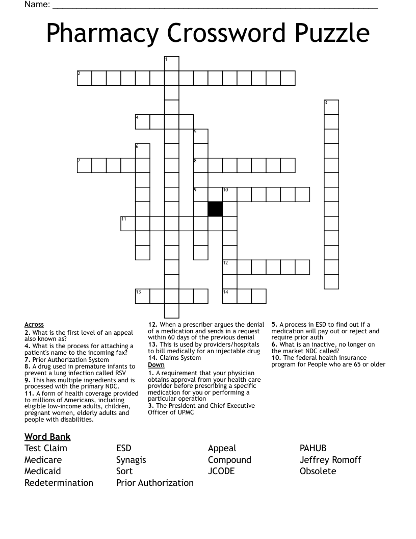 Pharmacy Crossword Puzzle