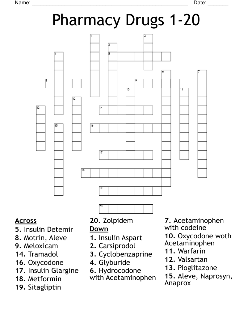 Pharmacy Drugs 1-20 Crossword