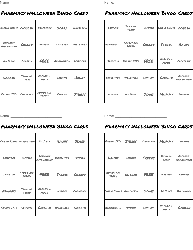 Pharmacy Halloween Bingo Cards 