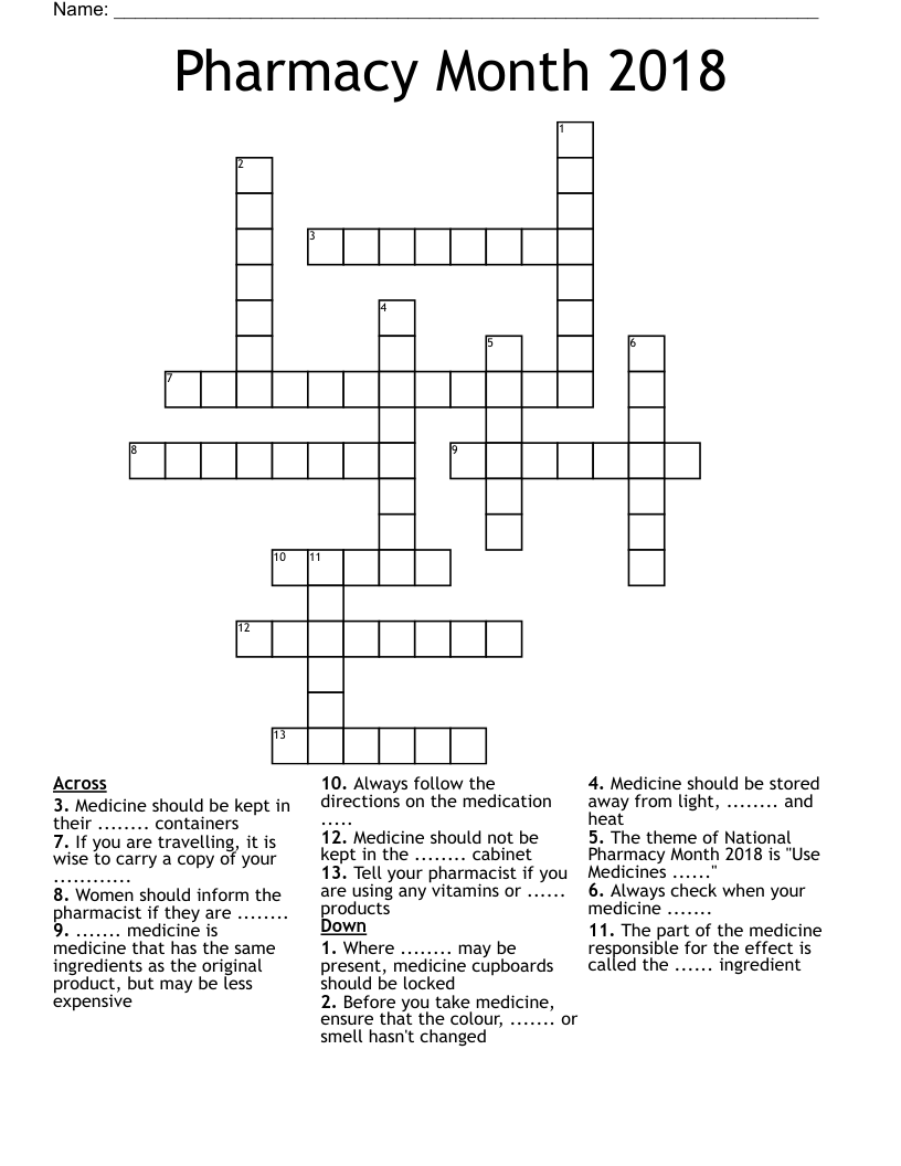 Pharmacy Month 2018 Crossword
