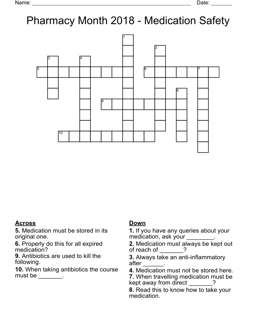 Pharmacy Month 2018 - Medication Safety Crossword