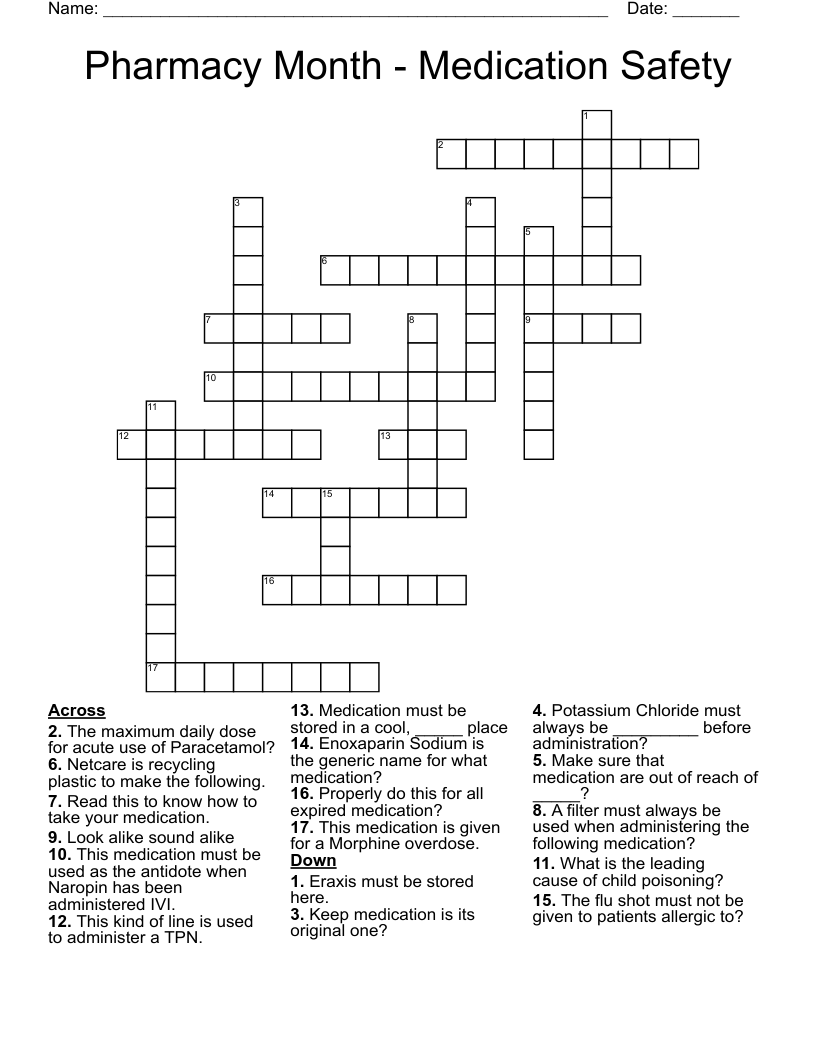 Pharmacy Month - Medication Safety Crossword