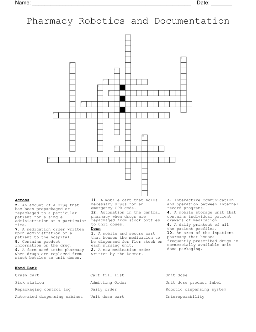 Pharmacy Robotics and Documentation Crossword