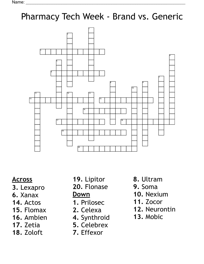 Pharmacy Tech Week - Brand vs. Generic Crossword