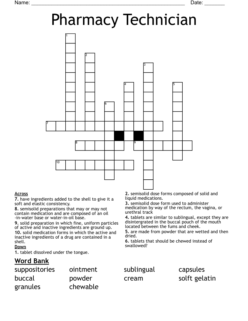 Pharmacy Technician  Crossword