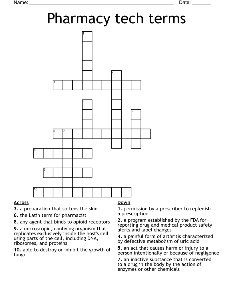 Pharmacy tech terms Crossword