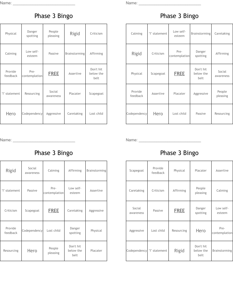 Phase 3 Bingo