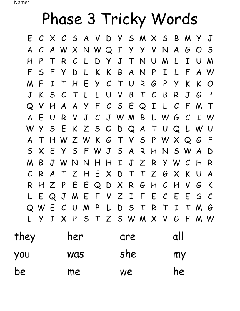 Phase 3 Tricky Words  Word Search