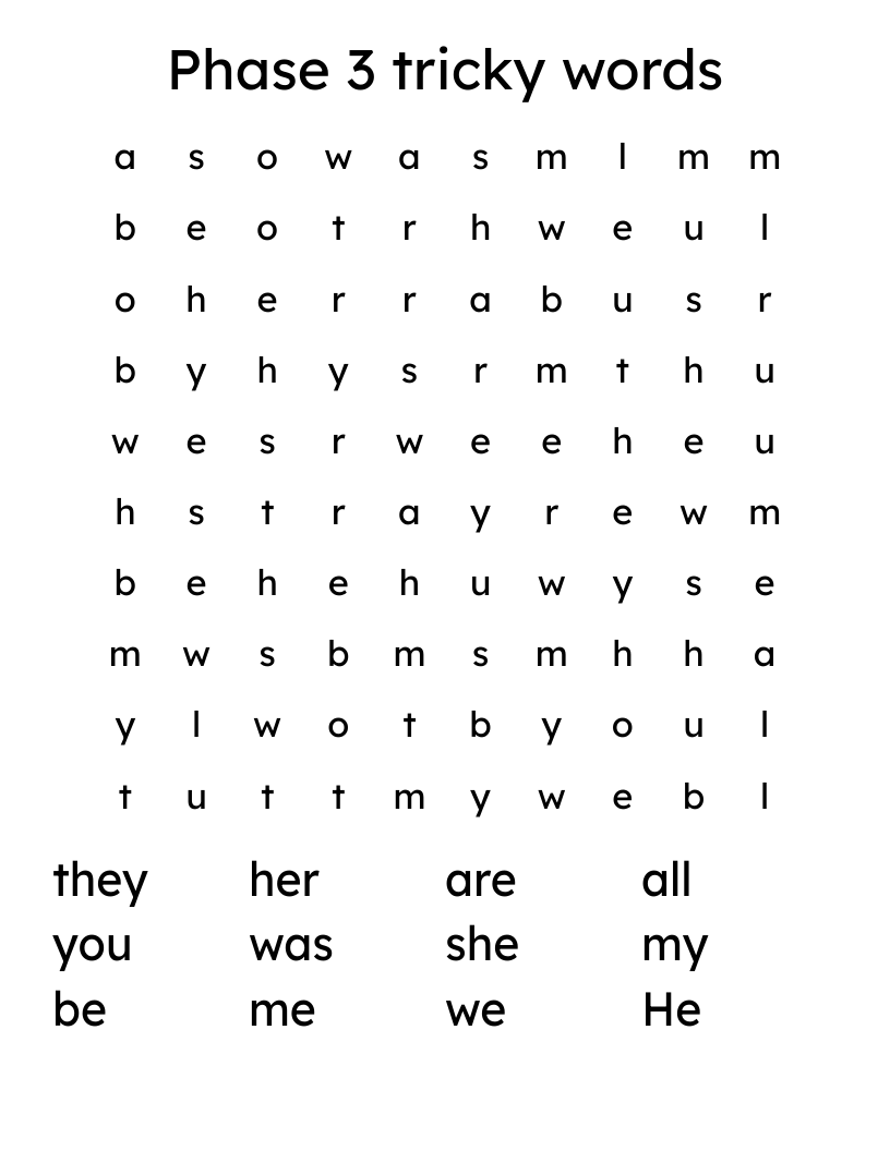 Phase 3 tricky words Word Search