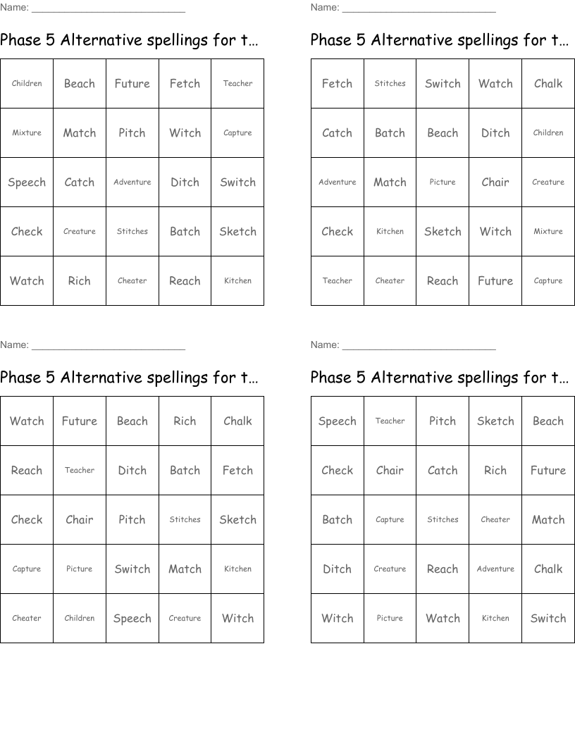 Phase 5 Alternative spellings for the Ch phoneme : (t , ch,tch ) Bingo Cards