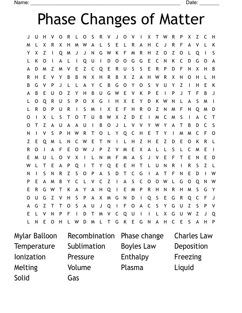 Phase Changes of Matter Word Search
