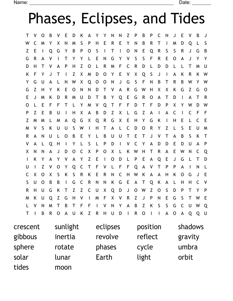 Phases, Eclipses, and Tides Word Search