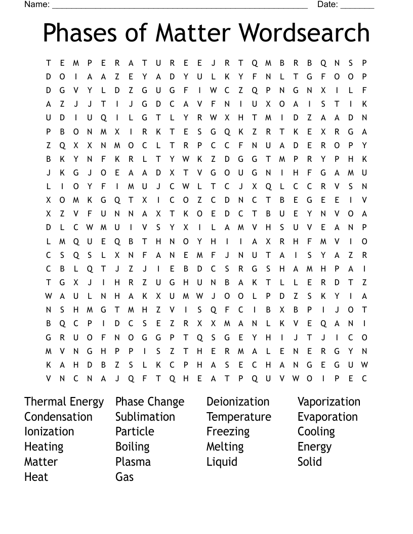 Phases of Matter Wordsearch