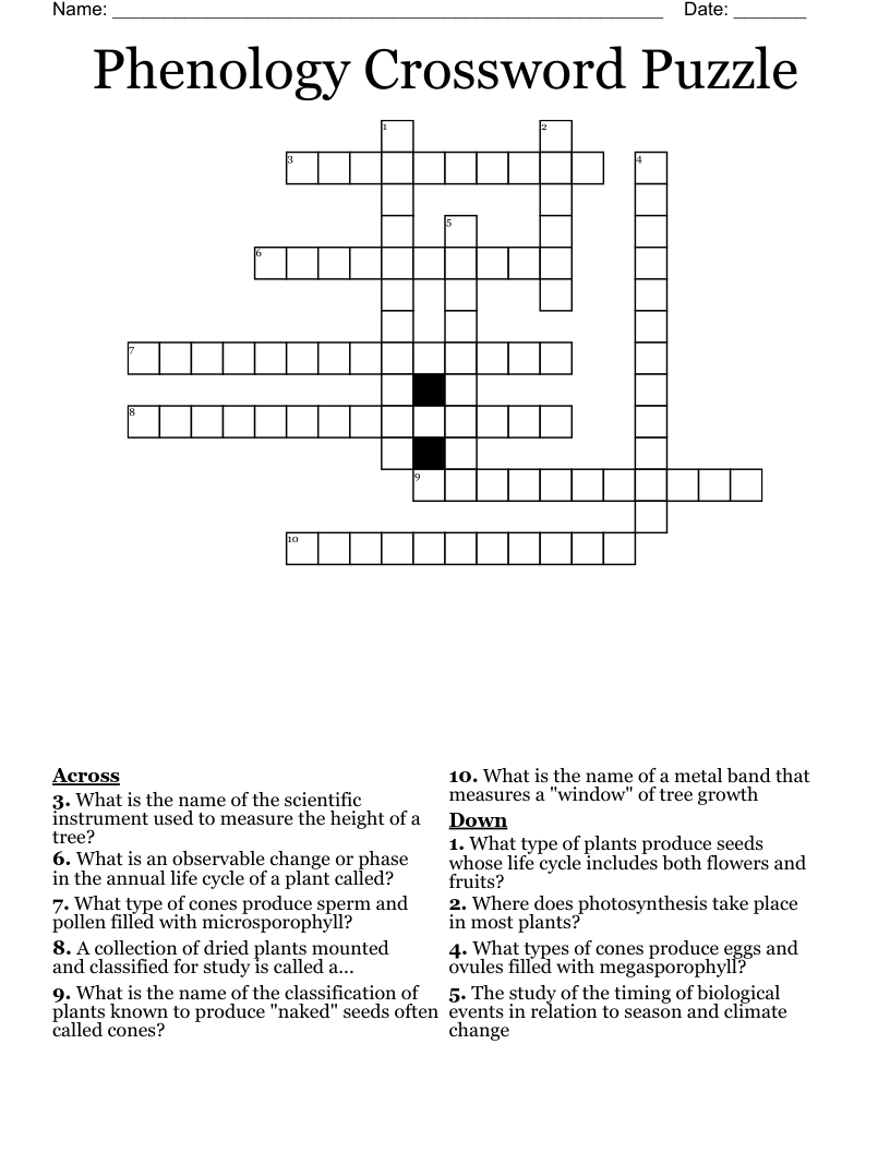 Phenology Crossword Puzzle