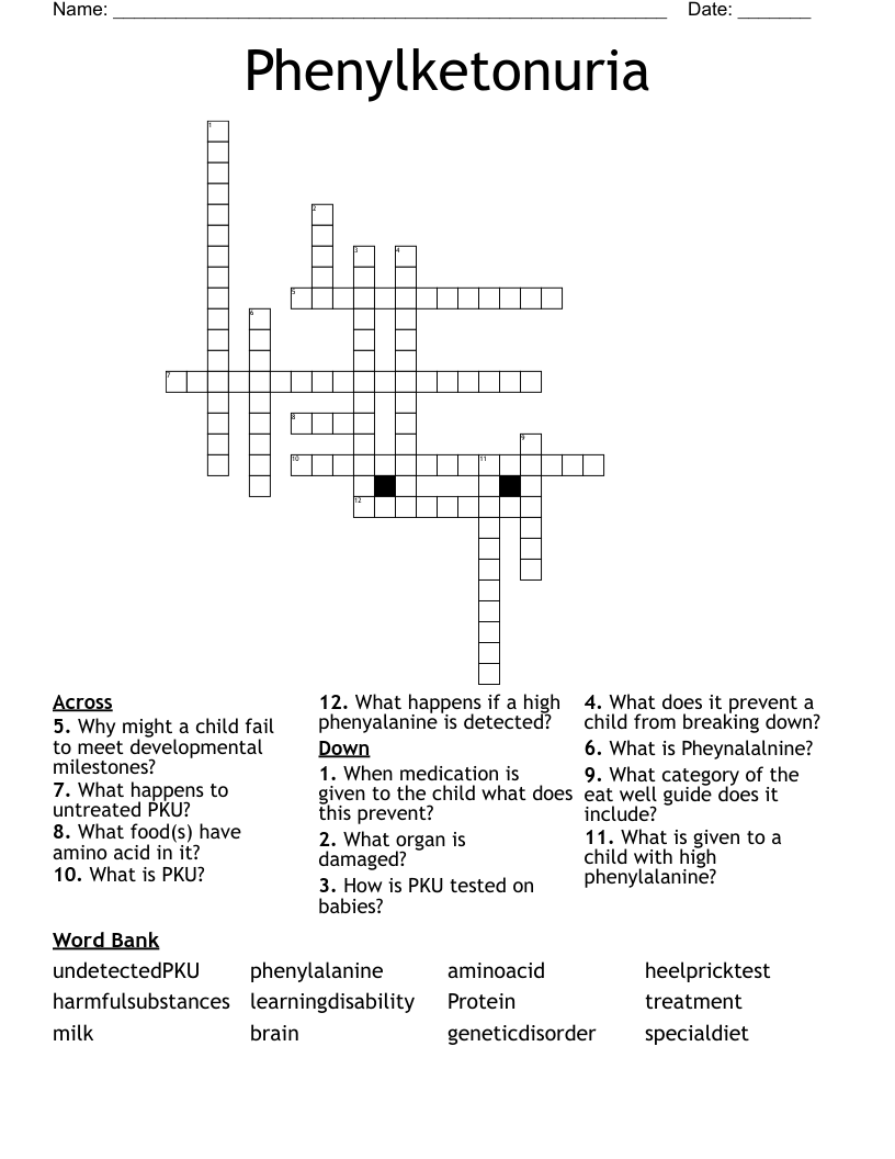 Phenylketonuria Crossword