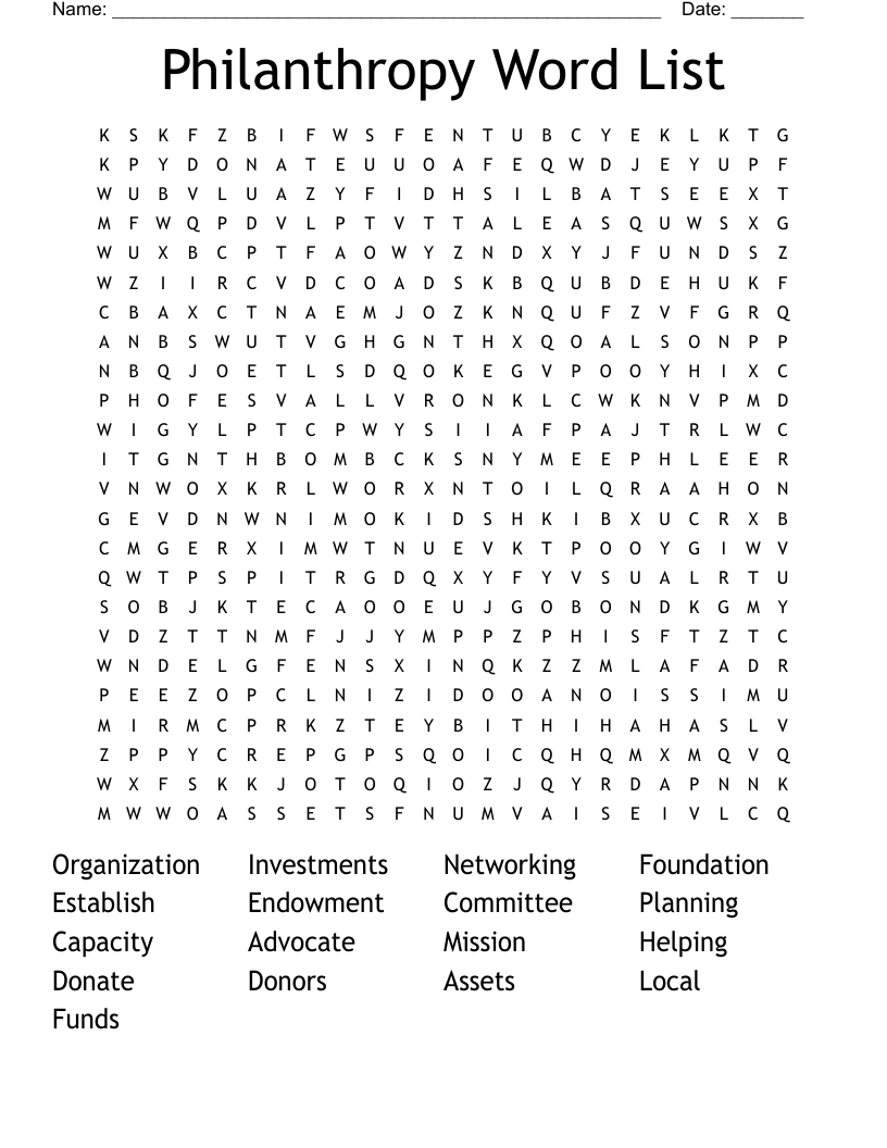 Philanthropy Word List Word Search