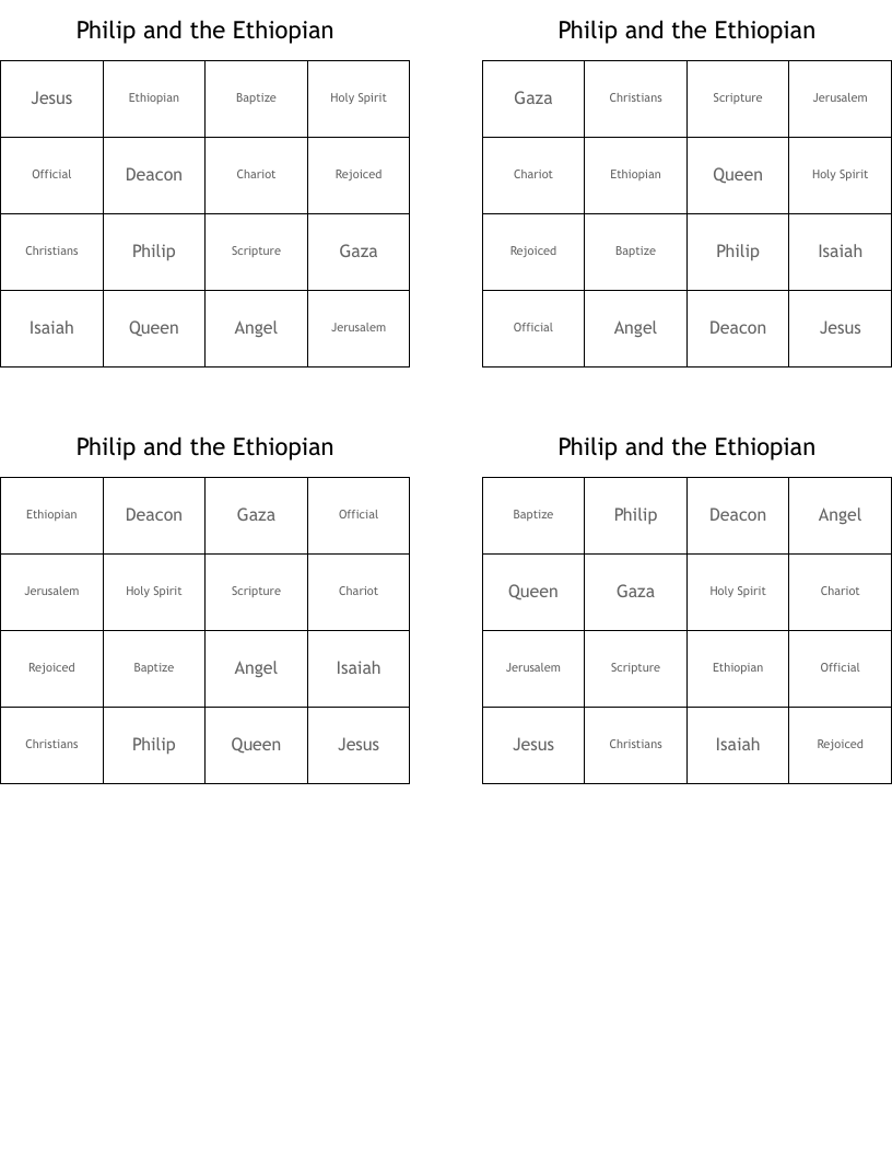 Philip and the Ethiopian Bingo Cards