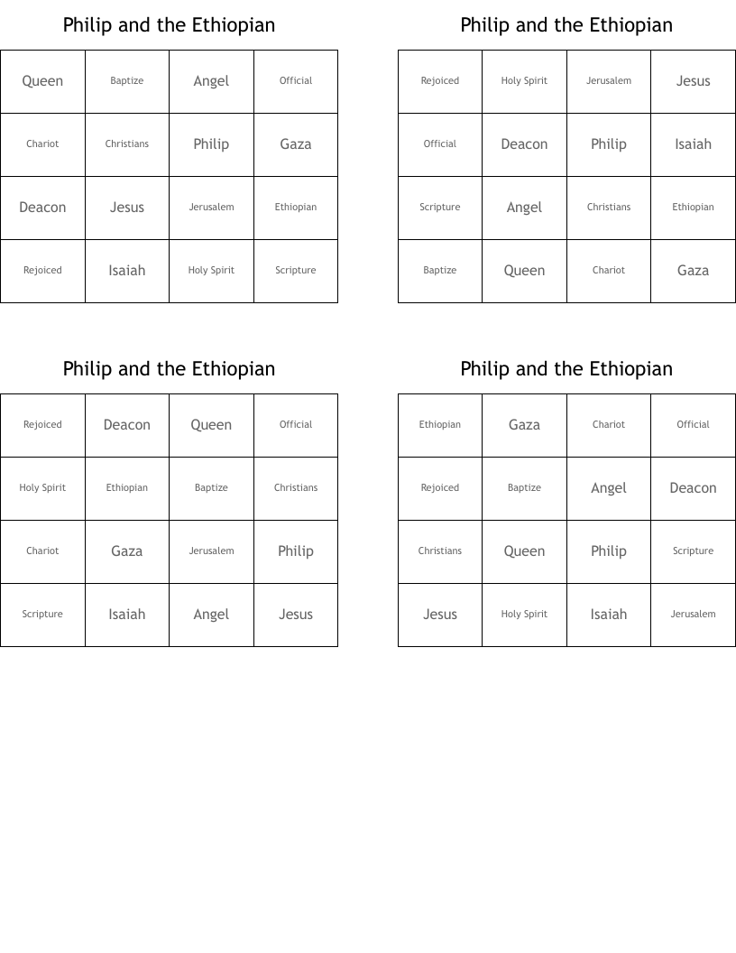 Philip and the Ethiopian Bingo Cards