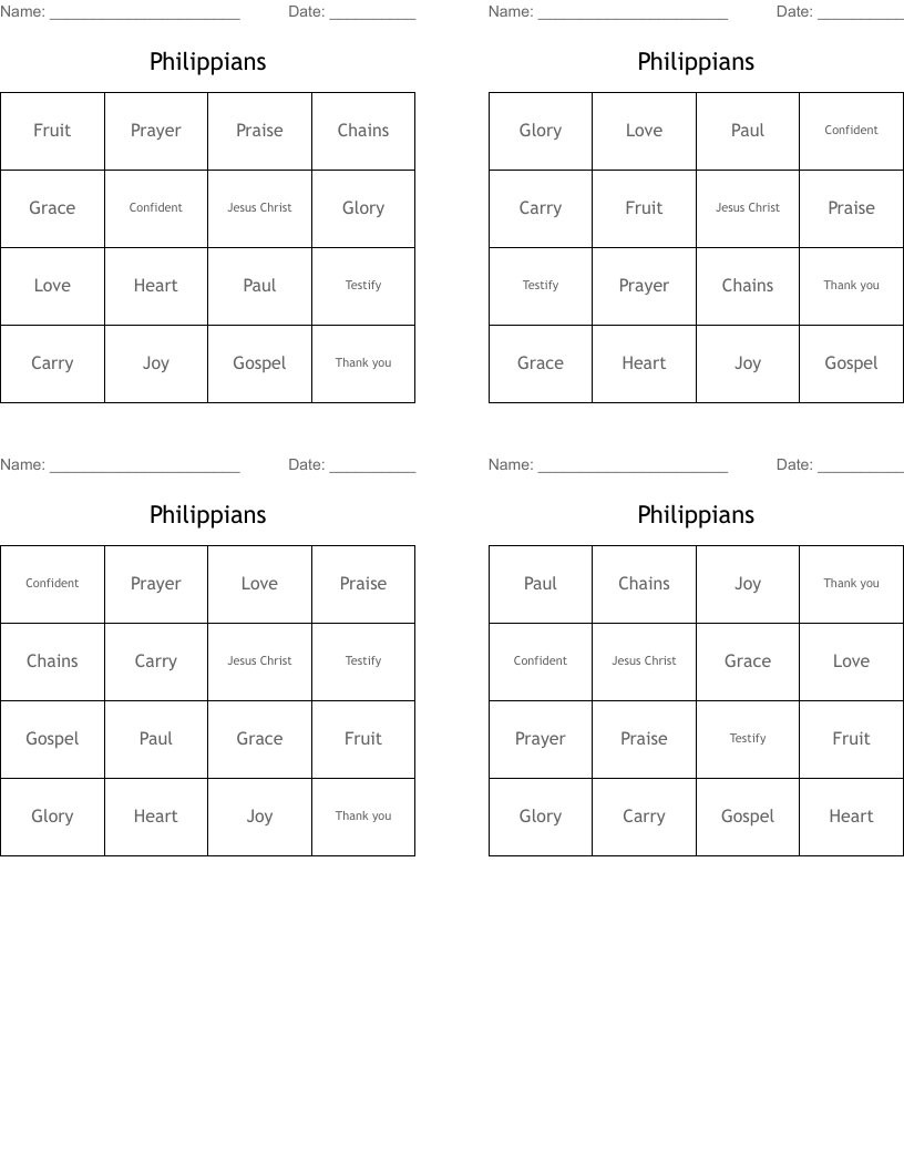 Philippians  Bingo Cards