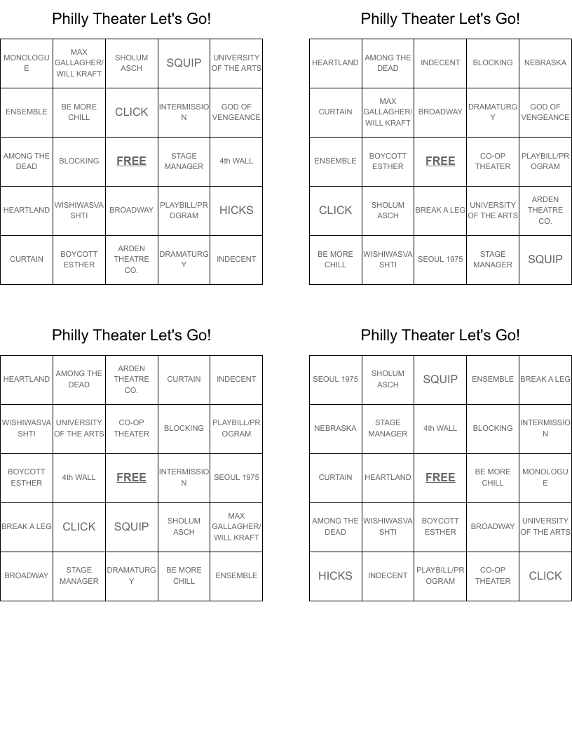Philly Theater Let's Go! Bingo Cards