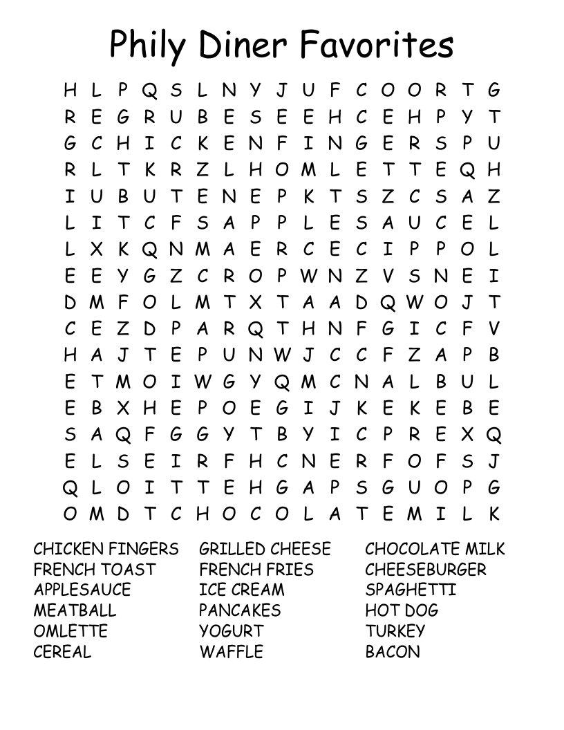 Phily Diner Favorites Word Search