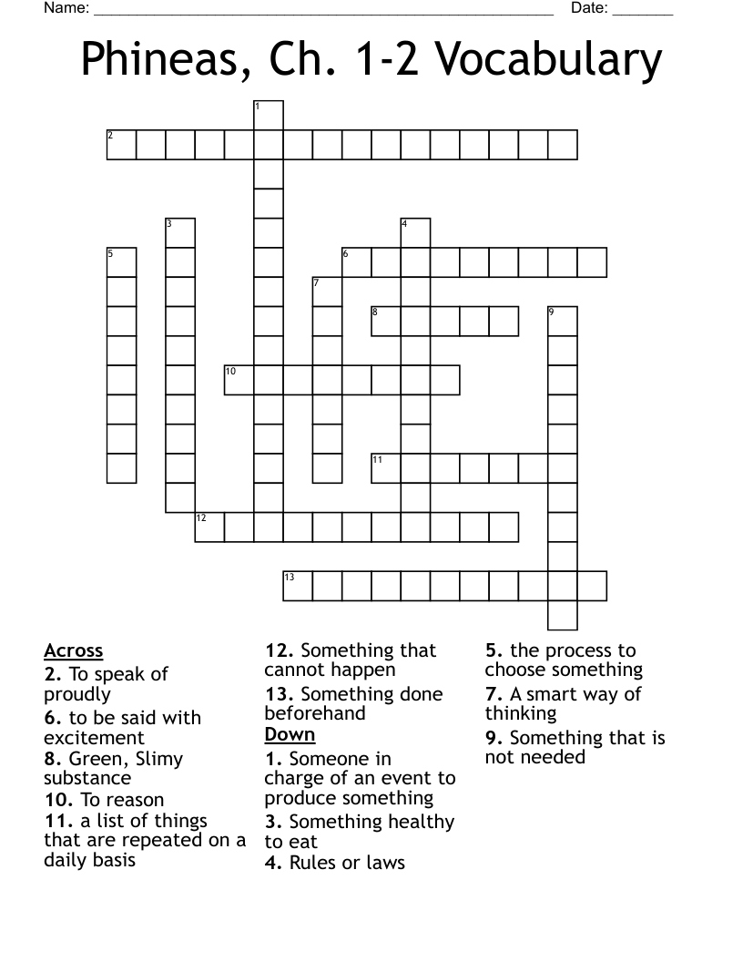 Phineas, Ch. 1-2 Vocabulary Crossword
