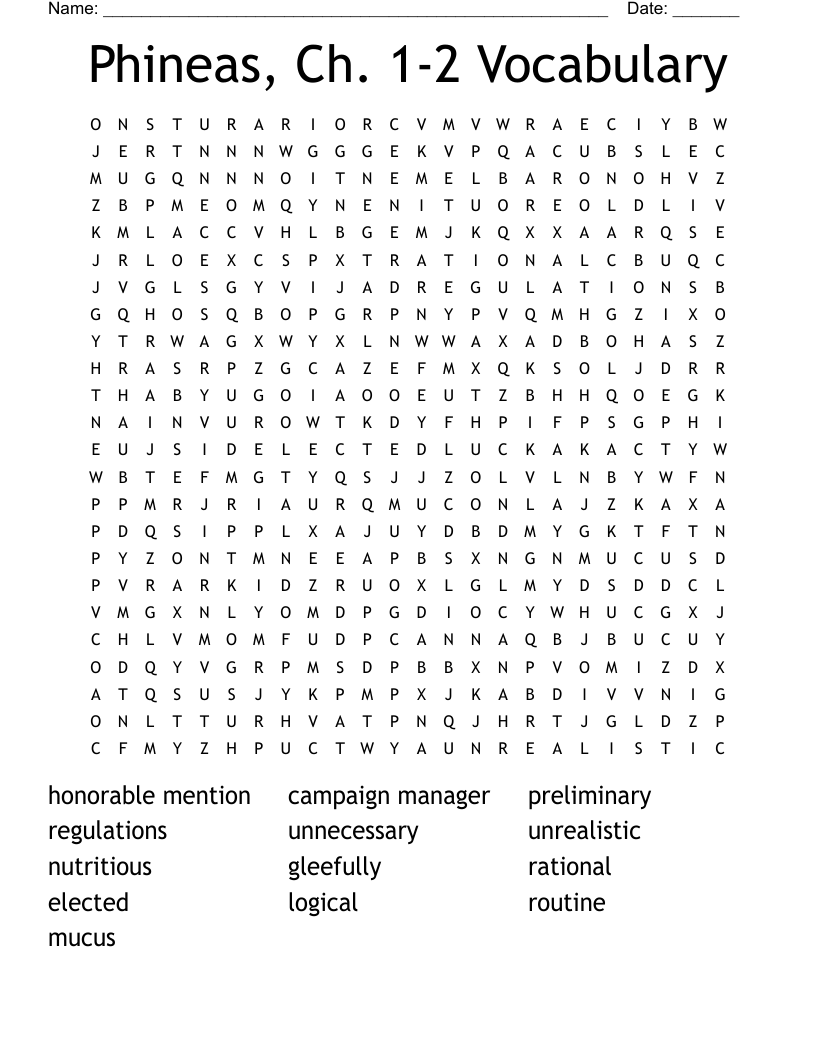 Phineas, Ch. 1-2 Vocabulary Word Search