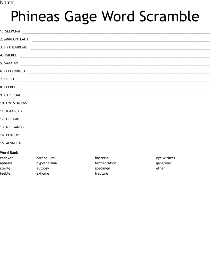 Phineas Gage Word Scramble