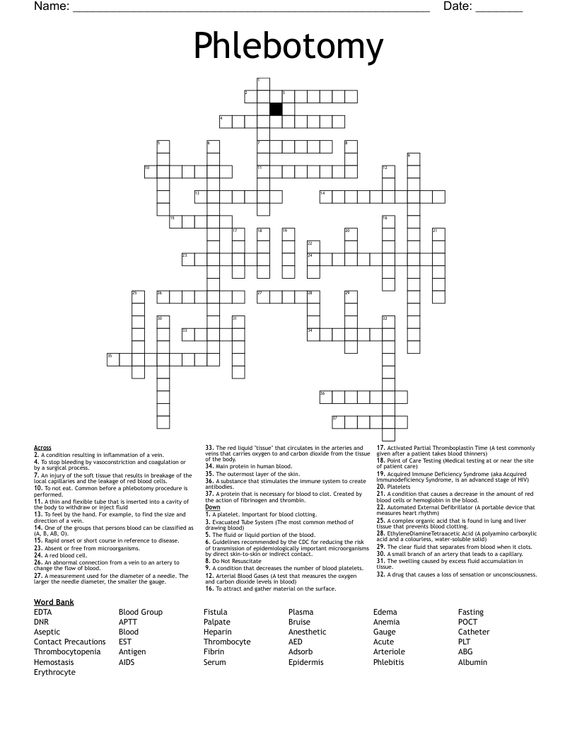 Phlebotomy Crossword