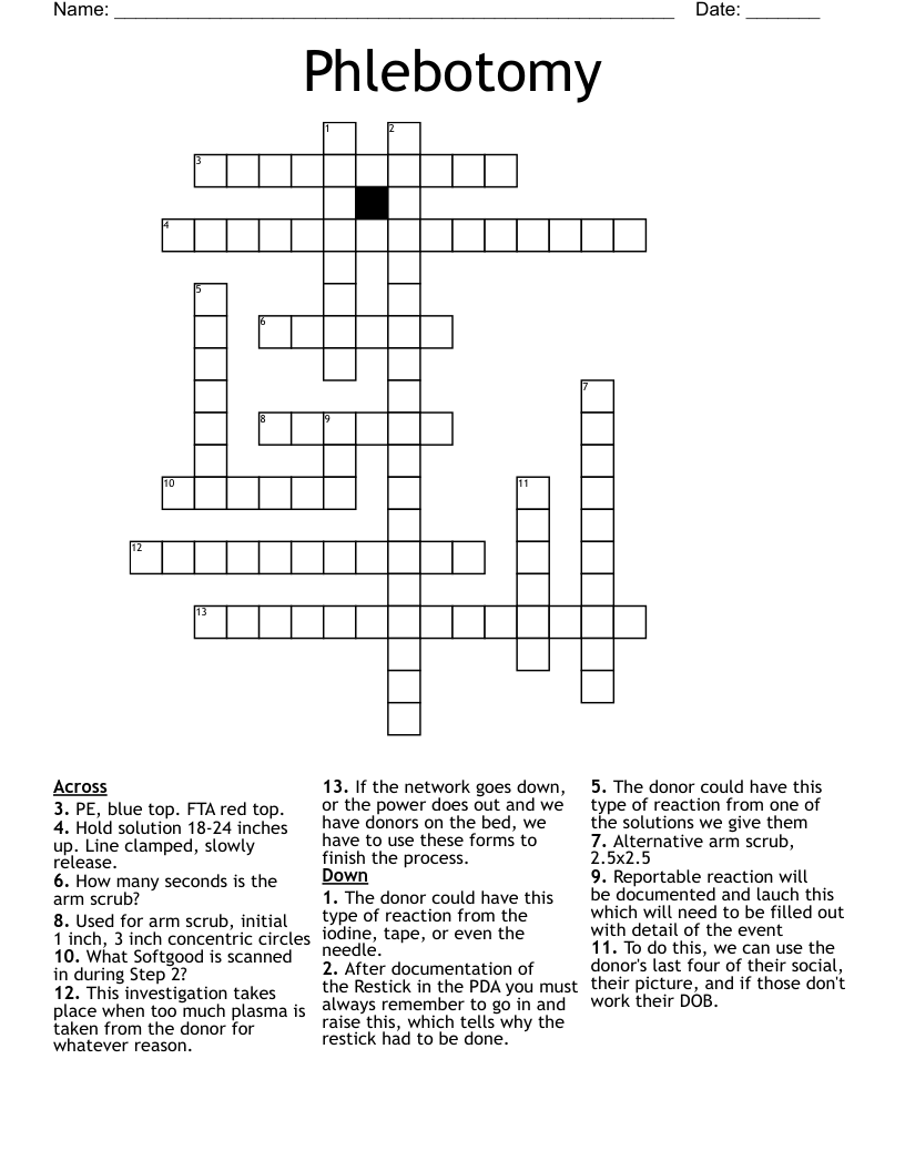 Phlebotomy Crossword