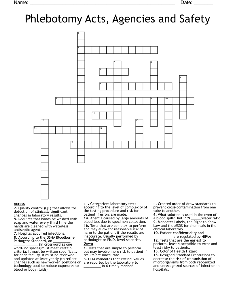 Phlebotomy Acts, Agencies and Safety Crossword