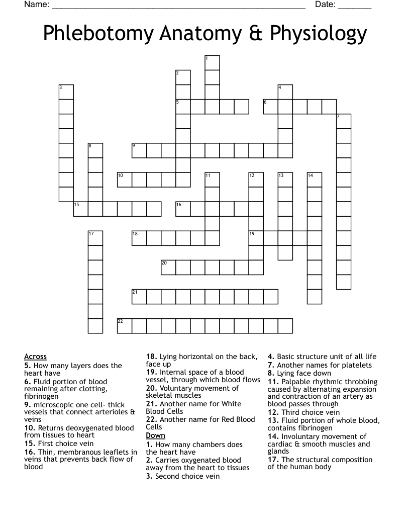 Phlebotomy Anatomy & Physiology Crossword