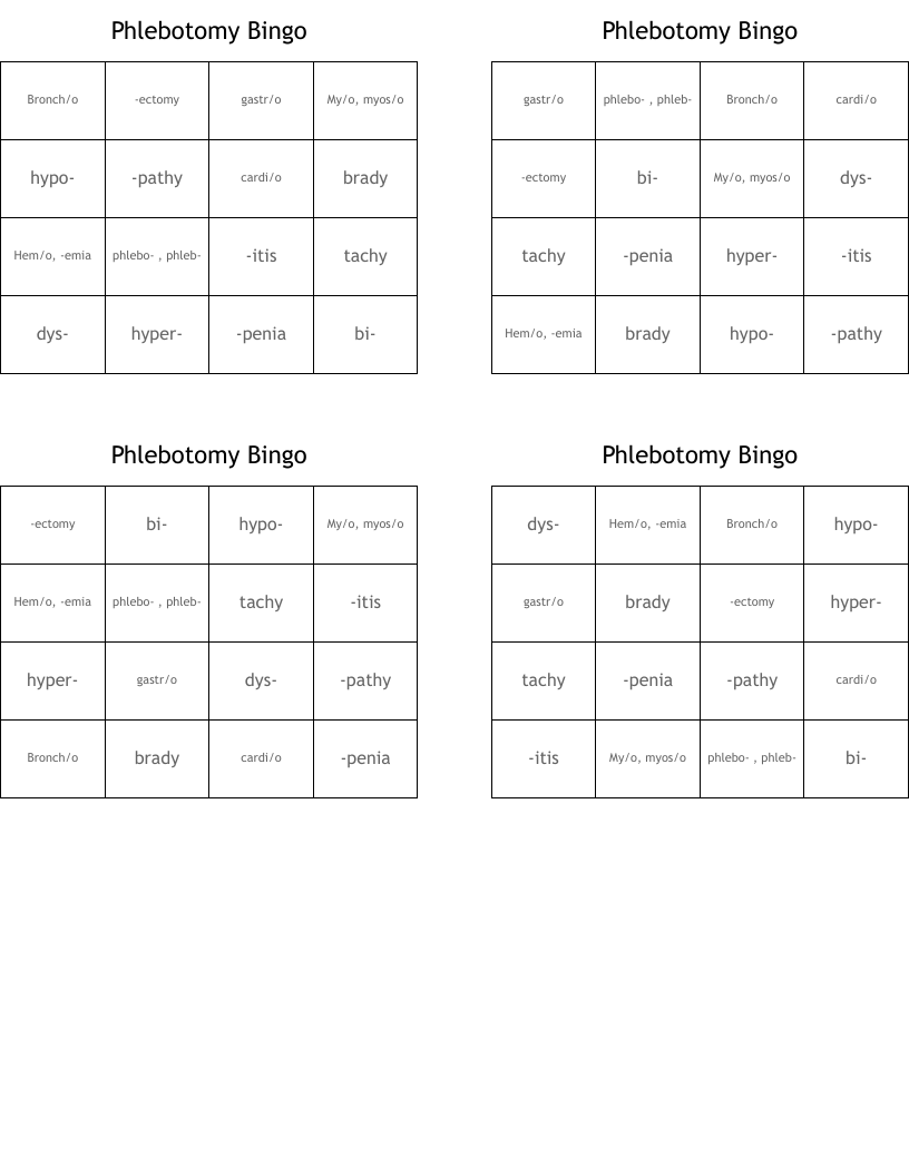Phlebotomy Bingo