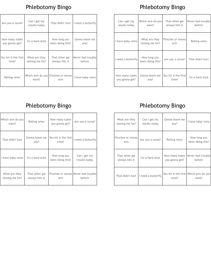 Phlebotomy Bingo
