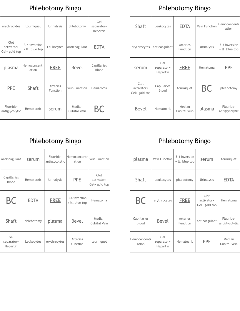 Phlebotomy Bingo