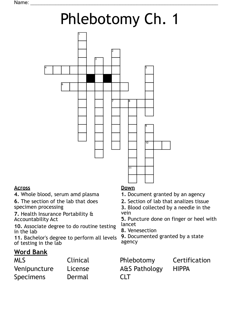 Phlebotomy Ch. 1 Crossword