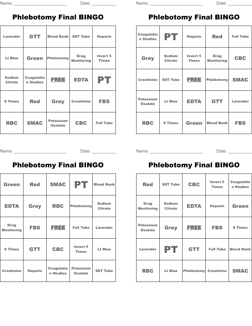 Phlebotomy Final BINGO