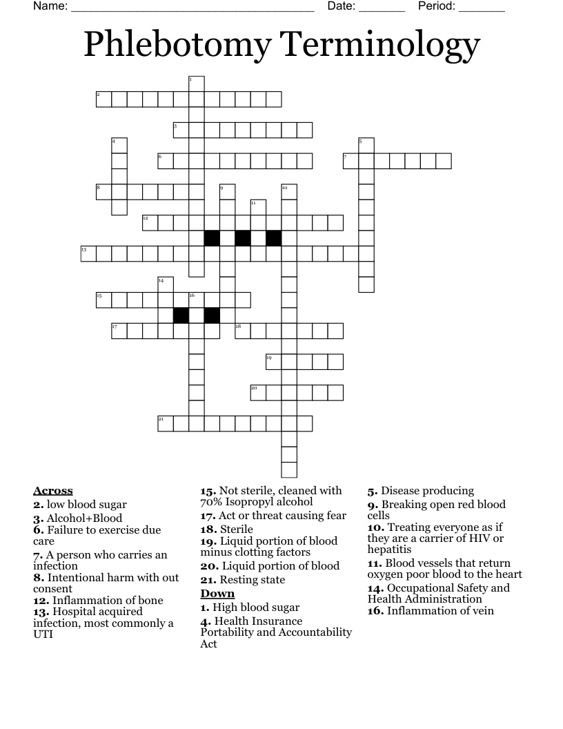 Phlebotomy Terminology Crossword