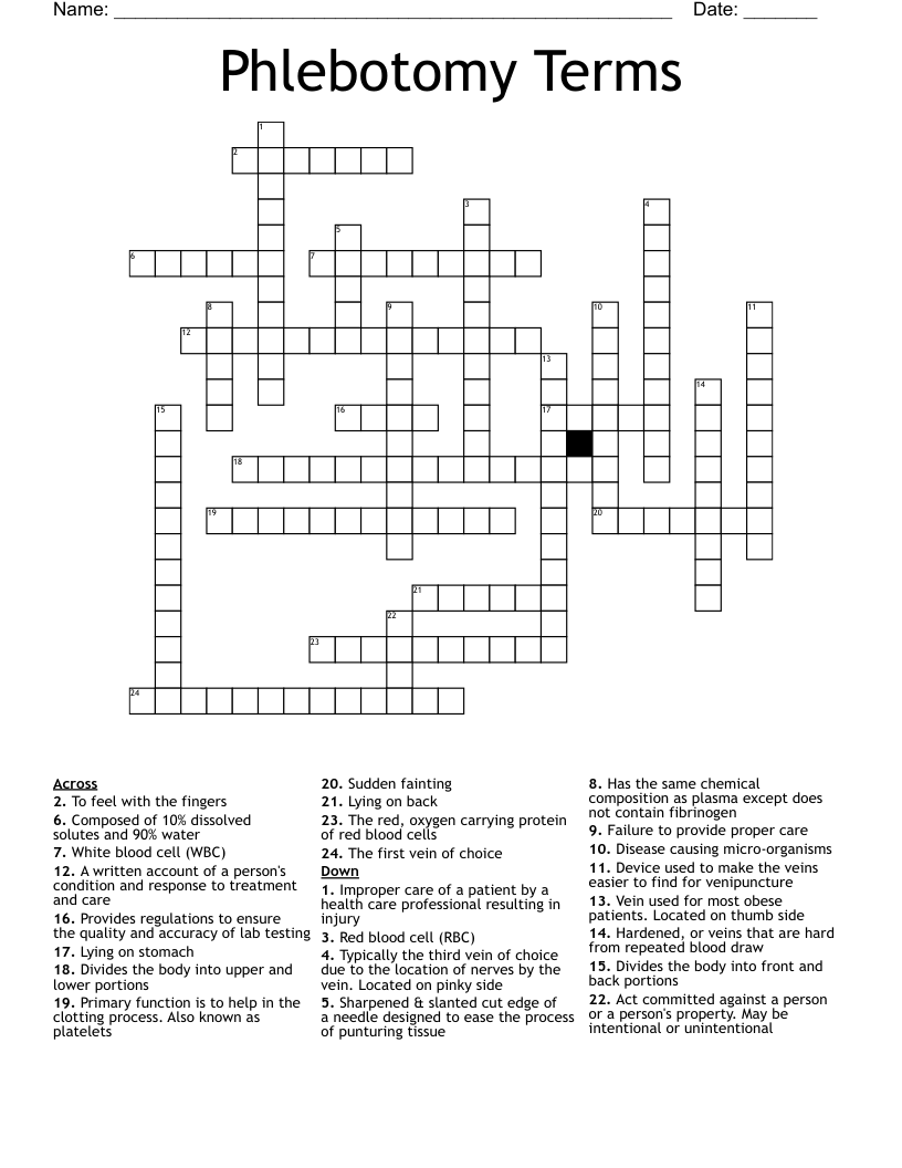 Phlebotomy Terms Crossword