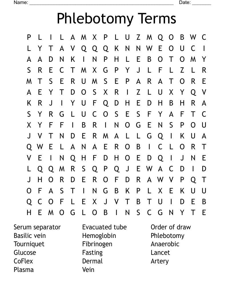 Phlebotomy Terms Word Search