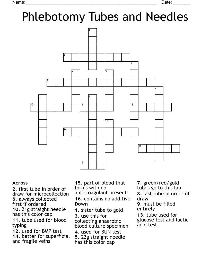 Phlebotomy Tubes and Needles Crossword