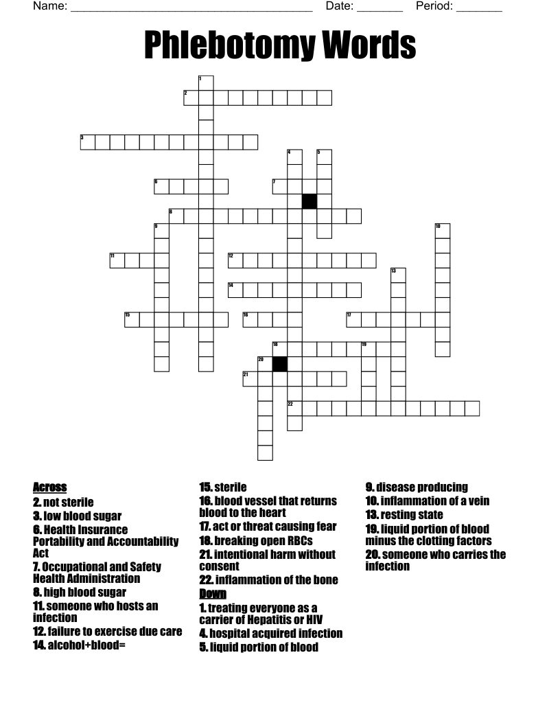Phlebotomy Words  Crossword