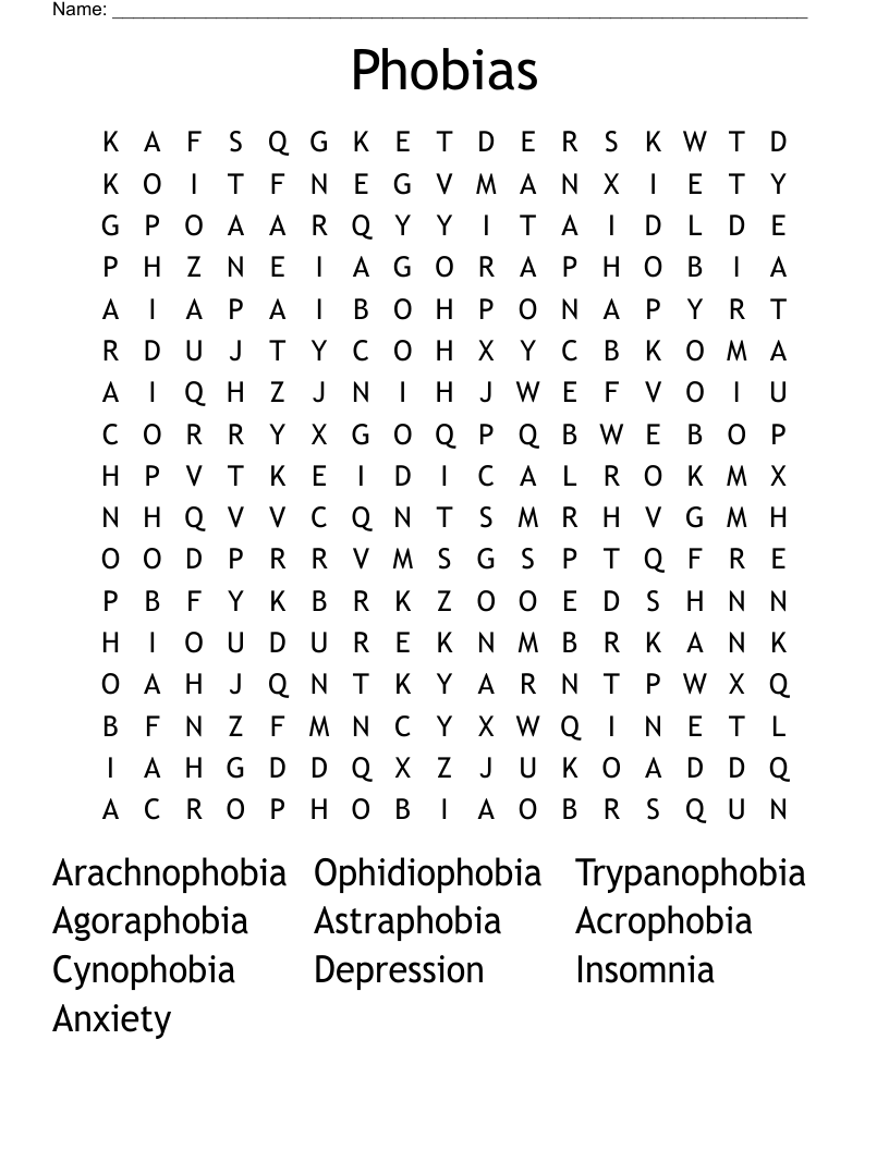 Phobias Word Search