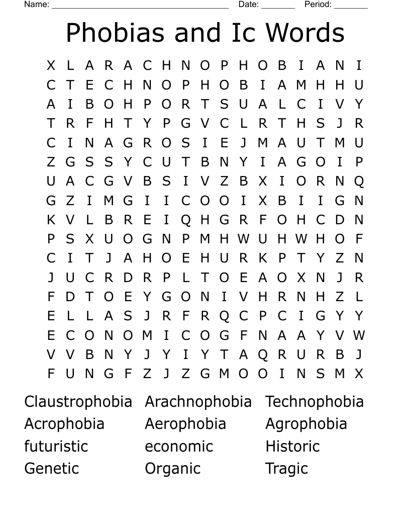 Phobias and Ic Words Word Search